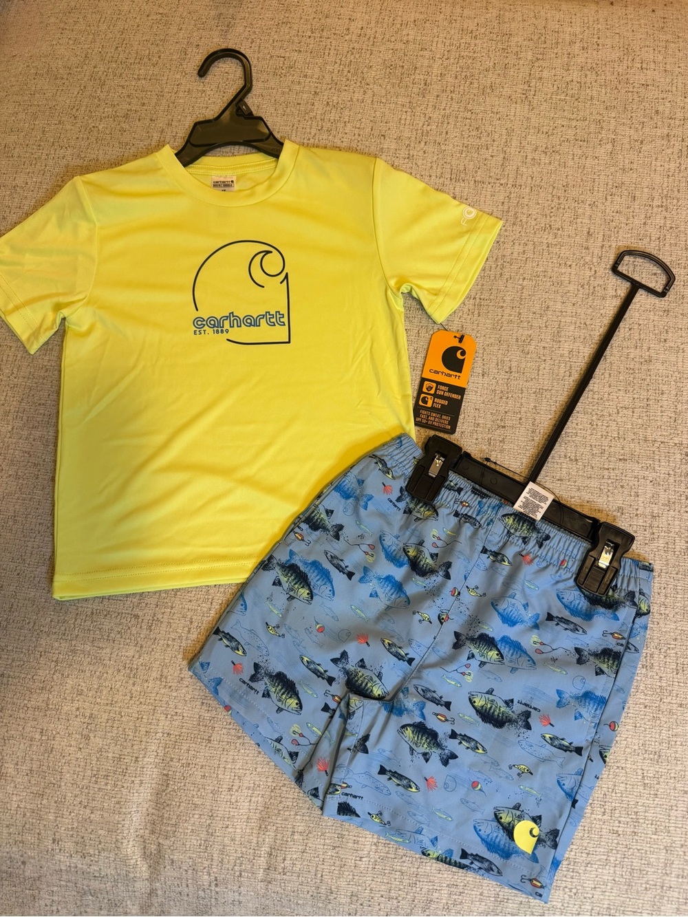 Carhartt Neon Yellow Sun Defender Tee with Light Blue Fish Swim Shorts